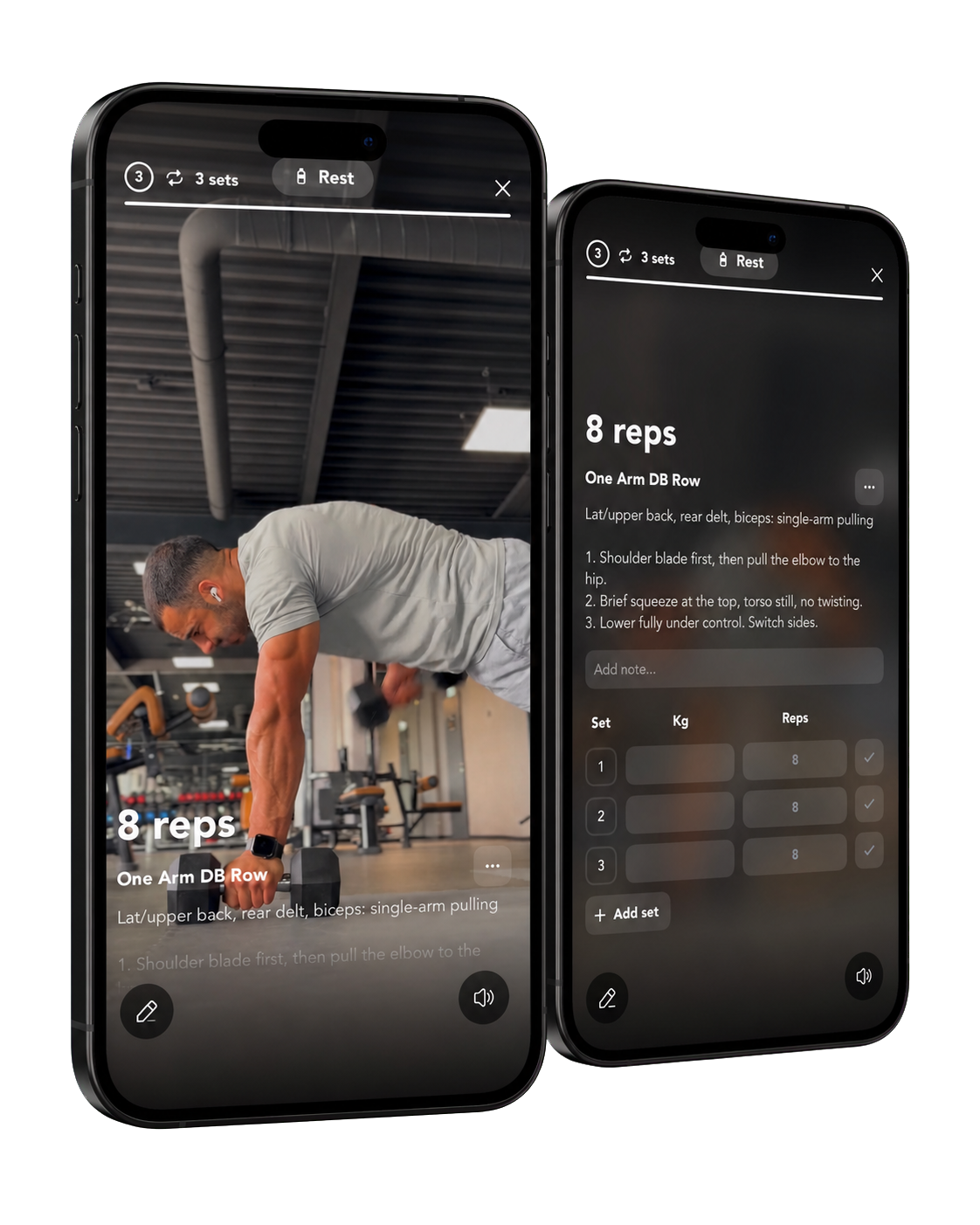 HAKI workout video and set tracking screens